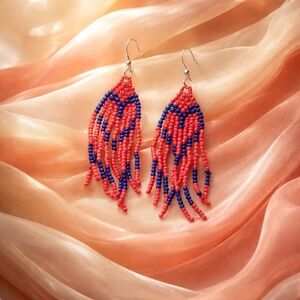Hidden Heart Seed Bead Fringe Earrings | Coral Pink & Blue Beaded Dangle Earring